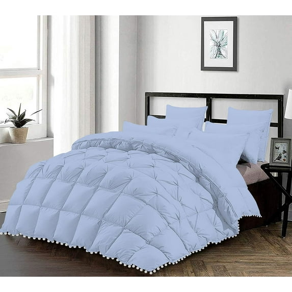 D.N.G. BEDDINGS Luxurious 5 Piece Pom Pom Half Pinch Pleated Comforter Set, 800 TC, 100% Egyptian Cotton, White Vintage Pom-Pom Fringe (Oversized Super King Size Solid Light Blue Color)