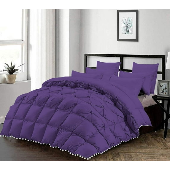 D.N.G. BEDDINGS Luxurious 5 Piece Pom Pom Half Pinch Pleated Comforter Set, 800 TC, 100% Egyptian Cotton, White Vintage Pom-Pom Fringe (Oversized Super King Size Solid Purple Color)
