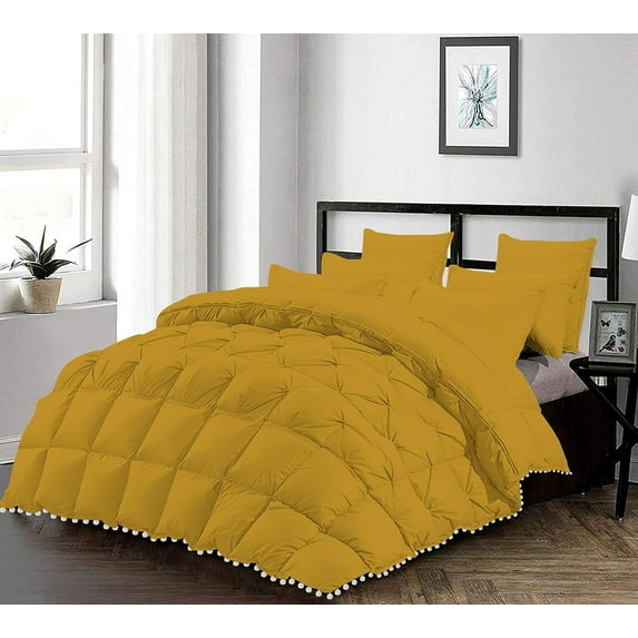 D.N.G. BEDDINGS Luxurious 5 Piece Pom Pom Half Pinch Pleated Comforter Set, 800 Thread Count, 100% Egyptian Cotton, White Vintage Pom-Pom Fringe Super Soft (King/California King Size Solid Gold Color)