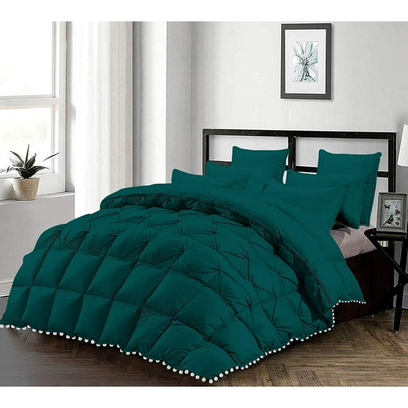 D.N.G. BEDDINGS Luxurious 5 Piece Pom Pom Half Pinch Pleated Comforter Set, 800 Thread Count, 100% Egyptian Cotton, White Vintage Pom-Pom Fringe Super Soft (Full/Queen Size Solid Teal Color)