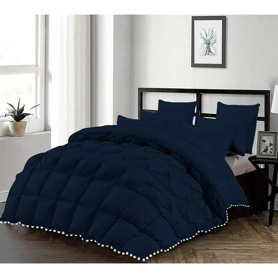 D.N.G. BEDDINGS Luxurious 5 Piece Pom Pom Half Pinch Pleated Comforter Set, 800 Thread Count, 100% Egyptian Cotton, White Vintage Pom-Pom Fringe Super Soft (Twin/Twin XL Size Solid Navy Color)