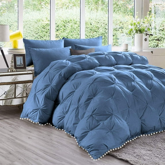 D.N.G. BEDDINGS Luxurious 5 Piece Pom Pom Pinch Pleated Comforter Set, 800 Thread Count, 100% Egyptian Cotton, White Vintage Pom-Pom Fringe (Full/Queen Size Solid Medium Blue Color)