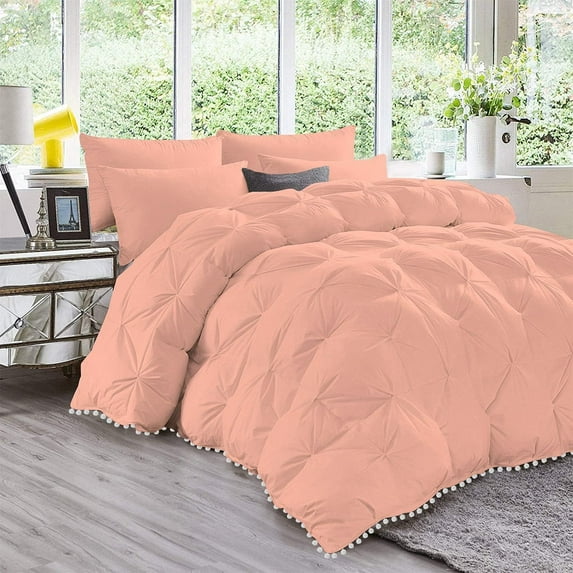 D.N.G. BEDDINGS Luxurious 5 Piece Pom Pom Pinch Pleated Comforter Set, 800 Thread Count, 100% Egyptian Cotton, White Vintage Pom-Pom Fringe (King/California King Size Solid Peach Color)