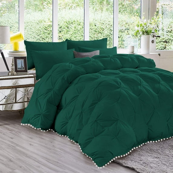 D.N.G. BEDDINGS Luxurious 5 Piece Pom Pom Pinch Pleated Comforter Set, 800 Thread Count, 100% Egyptian Cotton, White Vintage Pom-Pom Fringe (King/California King Size Solid Teal Green Color)