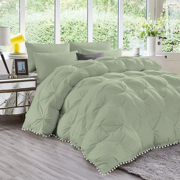 D.N.G. BEDDINGS Luxurious 5 Piece Pom Pom Pinch Pleated Comforter Set, 800 Thread Count, 100% Egyptian Cotton, White Vintage Pom-Pom Fringe (King/California King Size Solid Light Sage Color)