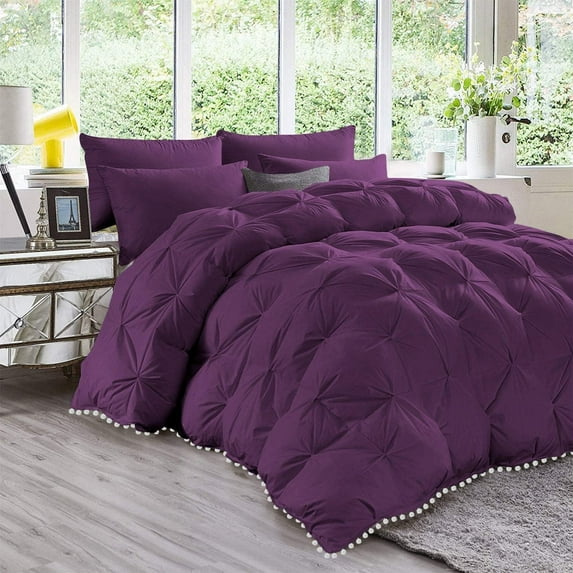 D.N.G. BEDDINGS Luxurious 5 Piece Pom Pom Pinch Pleated Comforter Set, 800 Thread Count, 100% Egyptian Cotton, White Vintage Pom-Pom Fringe (Oversized Super King Size Solid Plum Color)