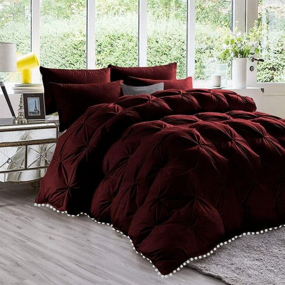 D.N.G. BEDDINGS Luxurious 5 Piece Pom Pom Pinch Pleated Comforter Set, 800 Thread Count, 100% Egyptian Cotton, White Vintage Pom-Pom Fringe (Oversized Super King Size Solid Wine Color)