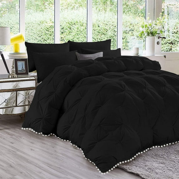 D.N.G. BEDDINGS Luxurious 5 Piece Pom Pom Pinch Pleated Comforter Set, 800 Thread Count, 100% Egyptian Cotton, White Vintage Pom-Pom Fringe (Oversized Super King Size Solid Black Color)