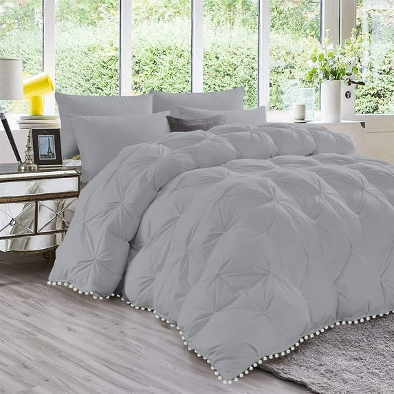 D.N.G. BEDDINGS Luxurious 5 Piece Pom Pom Pinch Pleated Comforter Set, 800 Thread Count, 100% Egyptian Cotton, White Vintage Pom-Pom Fringe (Oversized Super King Size Solid Silver Color)