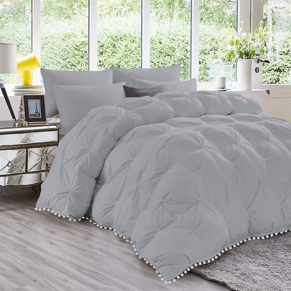 D.N.G. BEDDINGS Luxurious 5 Piece Pom Pom Pinch Pleated Comforter Set, 800 Thread Count, 100% Egyptian Cotton, White Vintage Pom-Pom Fringe (Oversized Super King Size Solid Silver Color)