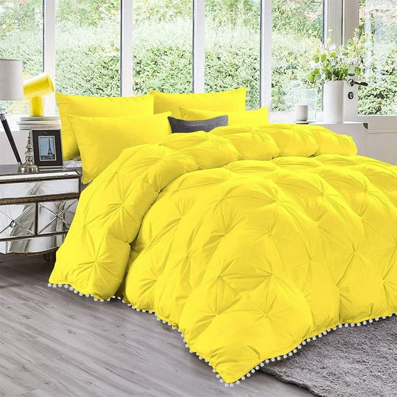 D.N.G. BEDDINGS Luxurious 5 Piece Pom Pom Pinch Pleated Comforter Set, 800 Thread Count, 100% Egyptian Cotton, White Vintage Pom-Pom Fringe (Super King Size Solid Yellow Color)