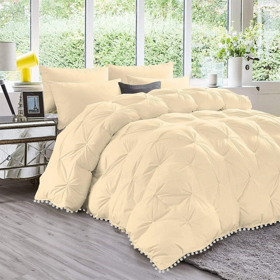 D.N.G. BEDDINGS Luxurious 5 Piece Pom Pom Pinch Pleated Comforter Set, 800 Thread Count, 100% Egyptian Cotton, White Vintage Pom-Pom Fringe (Twin/Twin XL Size Solid Ivory Color)