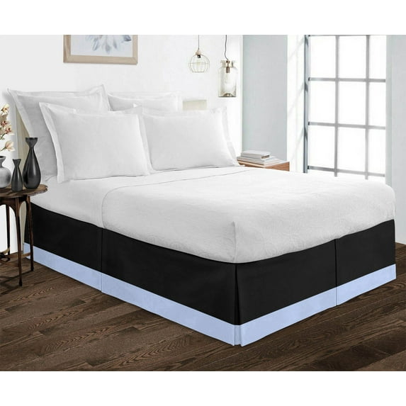 D.N.G. BEDDINGS Luxury 1 Piece Split Corner Two Tone Tailored Bed Skirt, Olympic Queen Size 24 Inch Deep Pocket, 800 Thread Count, 100% Egyptian Cotton, Solid Black/Light Blue Color.