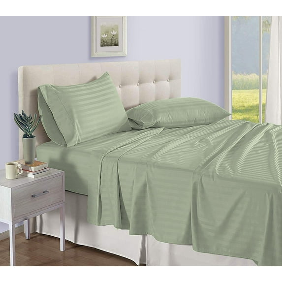D.N.G. BEDDINGS Luxury 4 Piece Sheet Set with 10 Inch Deep Pocket 800 Thread Count 100% Egyptian Cotton Stripe Light Sage Color Olympic Queen Size