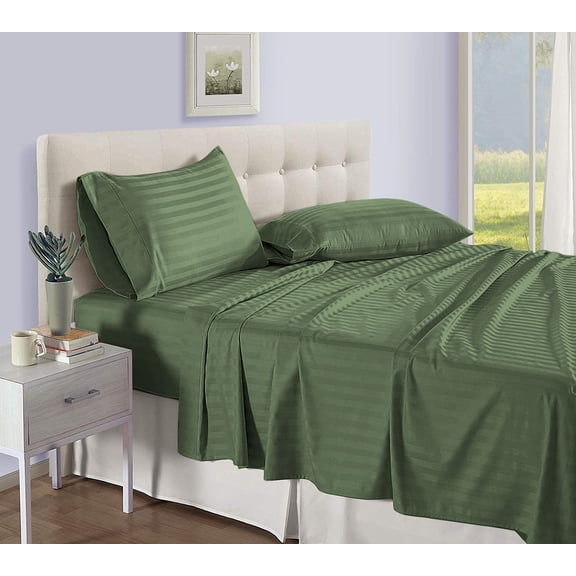 D.N.G. BEDDINGS Luxury 4 Piece Sheet Set with 12 Inch Deep Pocket 800 Thread Count 100% Egyptian Cotton Stripe Moss Color Twin Size