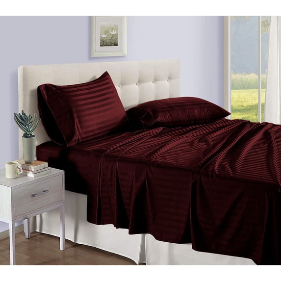 D.N.G. BEDDINGS Luxury 4 Piece Sheet Set with 12 Inch Deep Pocket 800 Thread Count 100% Egyptian Cotton Stripe Wine Color Twin XL Size