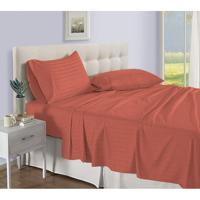 D.N.G. BEDDINGS Luxury 4 Piece Sheet Set with 15 Inch Deep Pocket 800 Thread Count 100% Egyptian Cotton Stripe Brick Red Color Twin Size