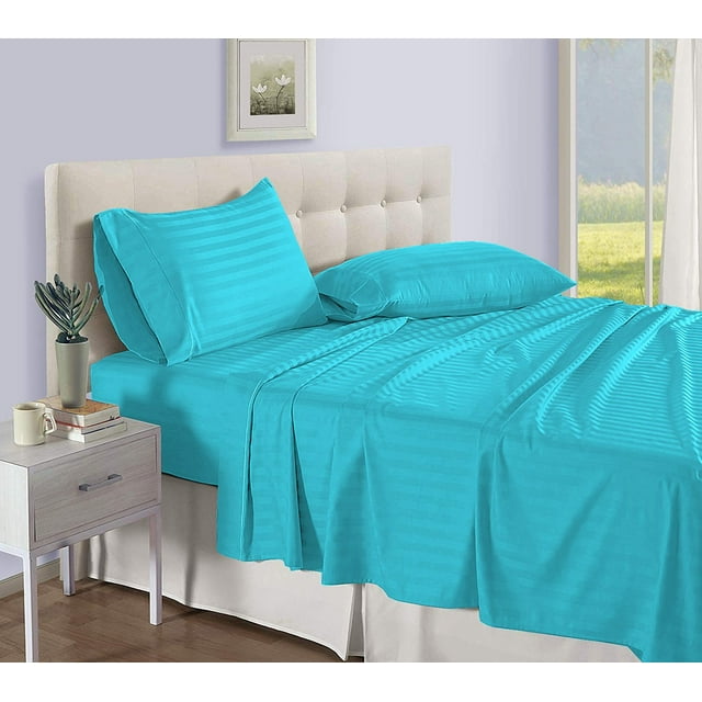 D.N.G. BEDDINGS Luxury 4 Piece Sheet Set with 15 Inch Deep Pocket 800 Thread Count 100% Egyptian Cotton Stripe Turquoise Blue Color Twin Size