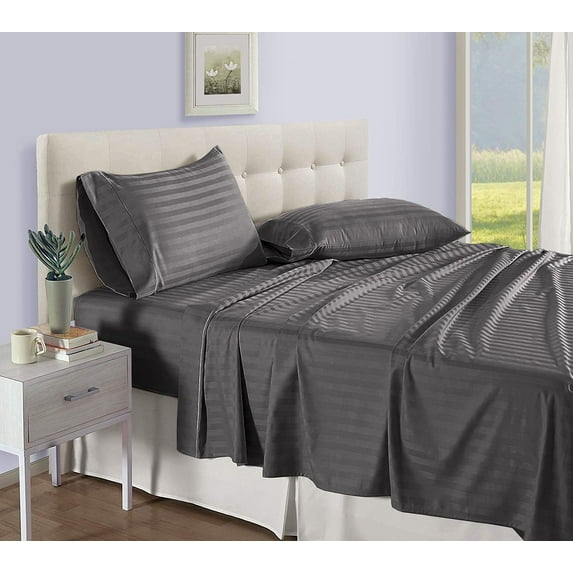 D.N.G. BEDDINGS Luxury 4 Piece Sheet Set with 18 Inch Deep Pocket 800 Thread Count 100% Egyptian Cotton Stripe Dark Grey Color Olympic Queen Size