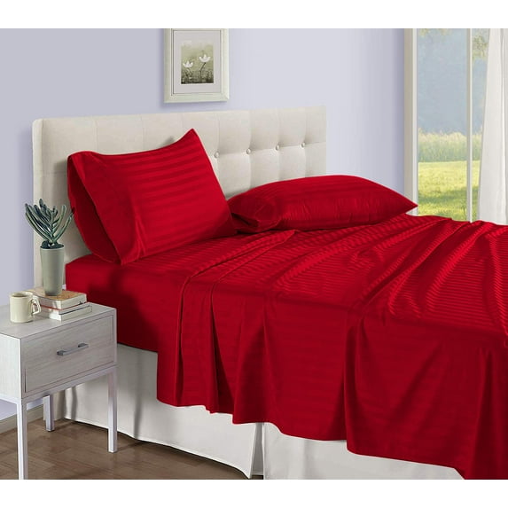 D.N.G. BEDDINGS Luxury 4 Piece Sheet Set with 18 Inch Deep Pocket 800 Thread Count 100% Egyptian Cotton Stripe Red Color Cal King Size