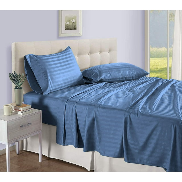 D.N.G. BEDDINGS Luxury 4 Piece Sheet Set with 24 Inch Deep Pocket 800 Thread Count 100% Egyptian Cotton Stripe Medium Blue Color Twin Size