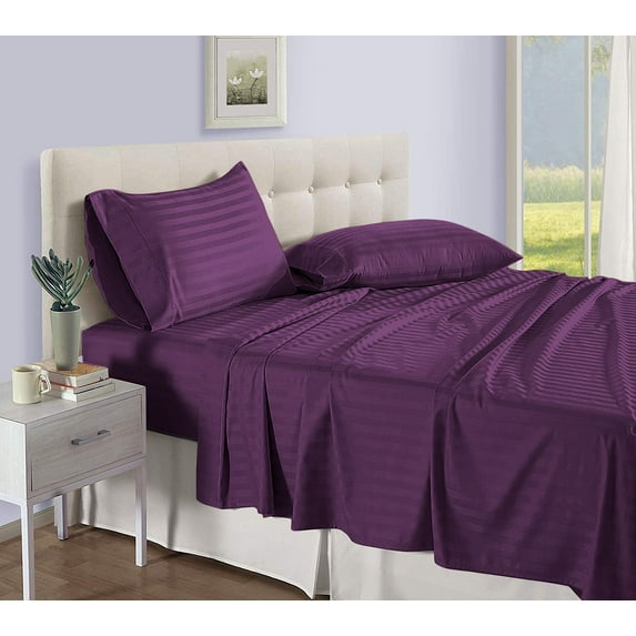 D.N.G. BEDDINGS Luxury 4 Piece Sheet Set with 24 Inch Deep Pocket 800 Thread Count 100% Egyptian Cotton Stripe Plum Color Cal King Size