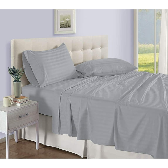 D.N.G. BEDDINGS Luxury 4 Piece Sheet Set with 24 Inch Deep Pocket 800 Thread Count 100% Egyptian Cotton Stripe Silver Color Twin Size