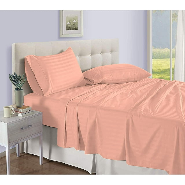 D.N.G. BEDDINGS Luxury 4 Piece Sheet Set with 26 Inch Deep Pocket 800 Thread Count 100% Egyptian Cotton Stripe Peach Color Queen Size