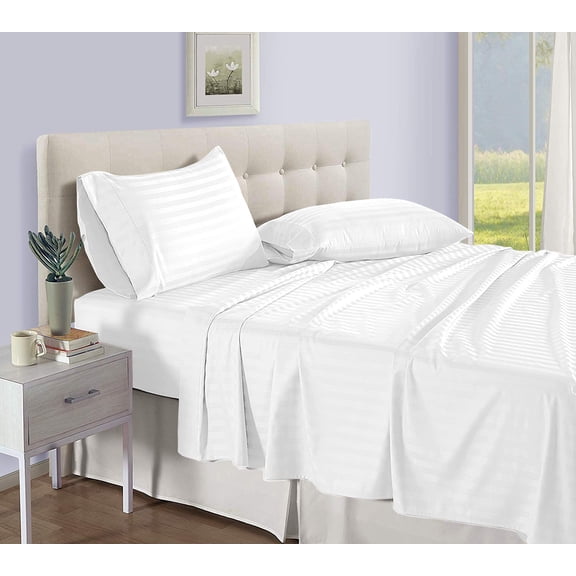 D.N.G. BEDDINGS Luxury 4 Piece Sheet Set with 26 Inch Deep Pocket 800 Thread Count 100% Egyptian Cotton Stripe White Color Cal King Size