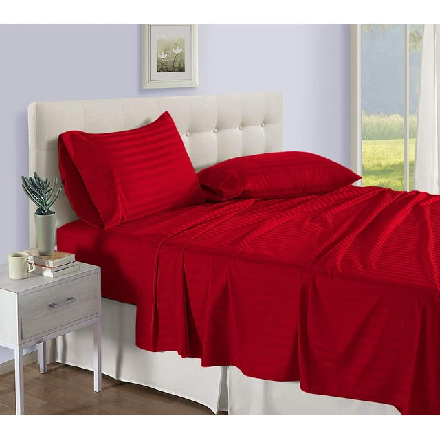 D.N.G. BEDDINGS Luxury 4 Piece Sheet Set with 28 Inch Deep Pocket 800 Thread Count 100% Egyptian Cotton Stripe Red Color Cal King Size