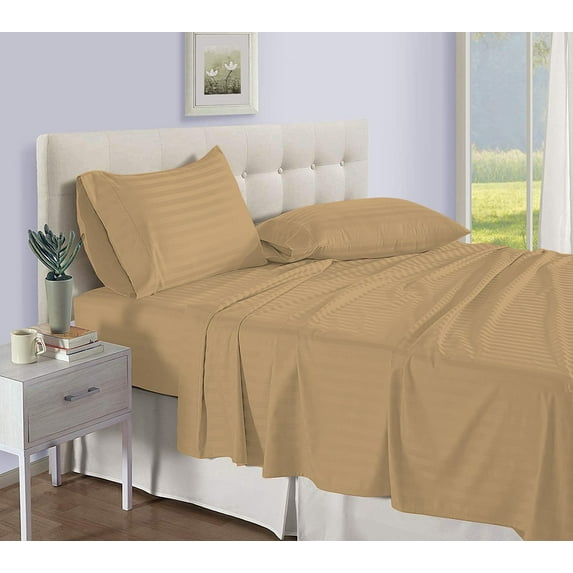 D.N.G. BEDDINGS Luxury 4 Piece Sheet Set with 28 Inch Deep Pocket 800 Thread Count 100% Egyptian Cotton Stripe Taupe Color Olympic Queen Size