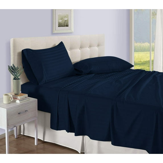 D.N.G. BEDDINGS Luxury 4 Piece Sheet Set with 8 Inch Deep Pocket 800 Thread Count 100% Egyptian Cotton Stripe Navy Blue Color Queen Size