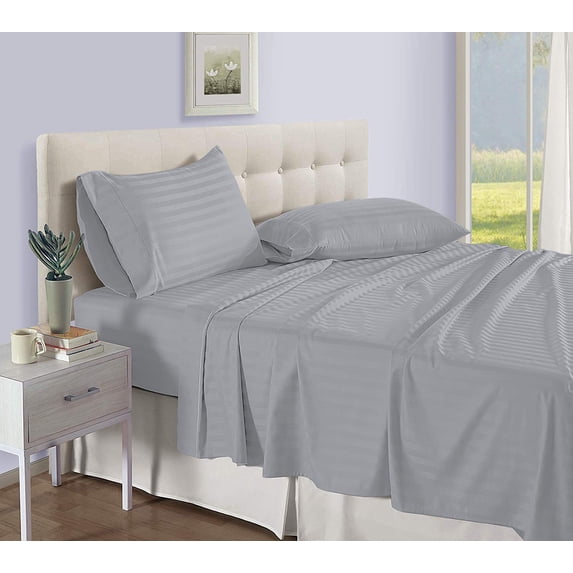 D.N.G. BEDDINGS Luxury 4 Piece Sheet Set with 8 Inch Deep Pocket 800 Thread Count 100% Egyptian Cotton Stripe Silver Color Full Size