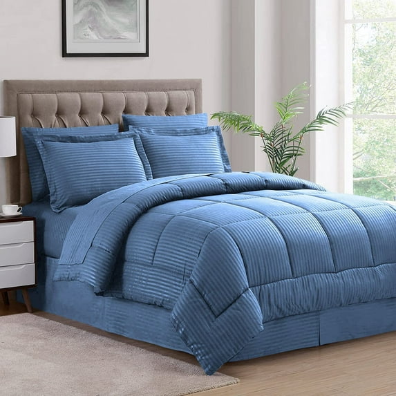 D.N.G. BEDDINGS Oversized Super King Size 800 Thread Count, 100% Egyptian Cotton, Medium Blue Premium Hotal Quality, 1 Piece Box Design Striped Comforter Set