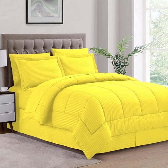 D.N.G. BEDDINGS Oversized Super King Size 800 Thread Count, 100% Egyptian Cotton, Yellow Premium Hotal Quality, 5 Piece Box Design Striped Comforter Set