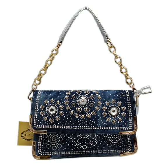 D'Orcia Front Main Compartment Flap Denim and Faux Leather Purse