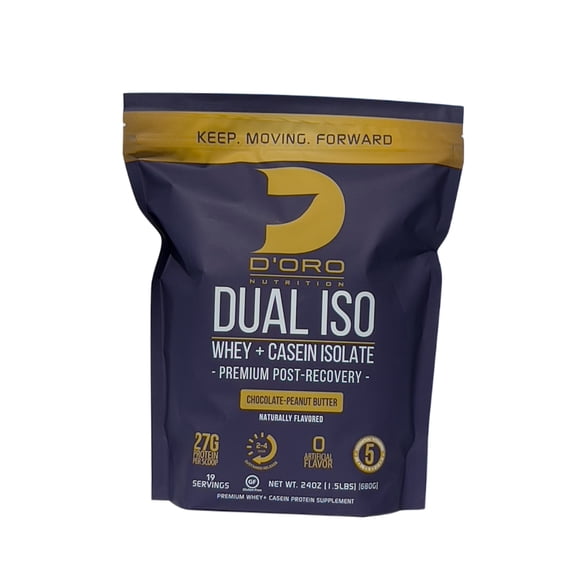 DOro Nutrition - Dual ISO Whey + Casein Isolate Protein Powder - Chocolate Peanut Butter Flavor - Premium Post Recovery Protein Powder