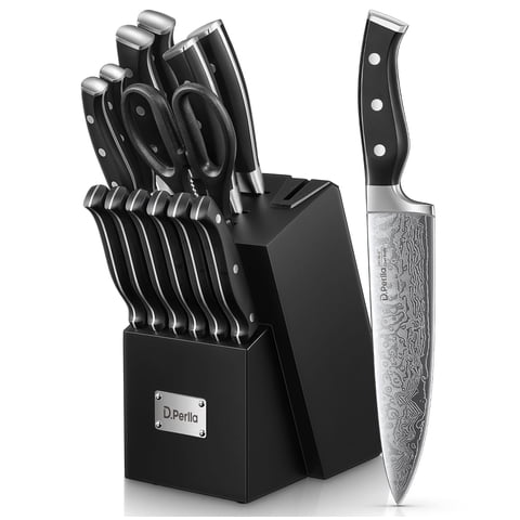 D.Perlla Knife Set, 14 Pcs Kitchen Knives Set with Built-in Sharpener, German Stainless Steel Knife Sets with Block