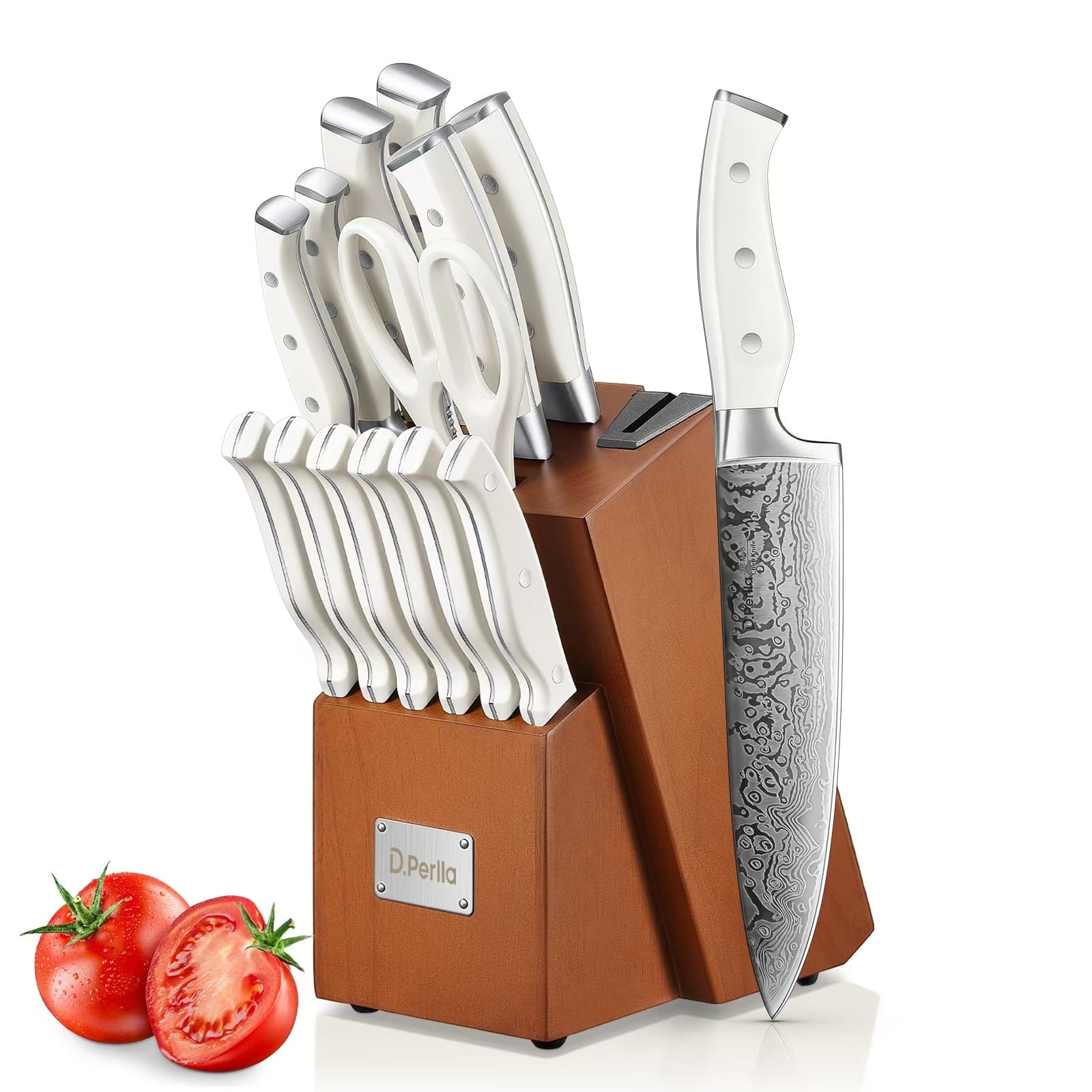 D.Perlla Knife Set, 14 Pcs Stainless Steel Kitchen Knives Block Set with Built-in Sharpener, Brown