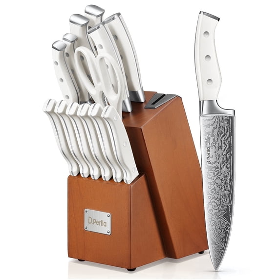 D.Perlla Knife Set, 14 Pcs German High Carbon Stainless Steel Kitchen Knives Block Set with Built-in Sharpener, Brown
