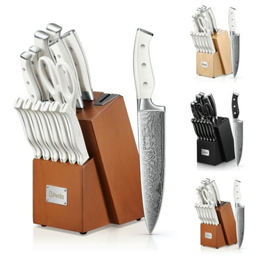 D.Perlla Knife Set, 14 Pcs Stainless Steel Kitchen Knives Block Set with Built-in Sharpener, Brown