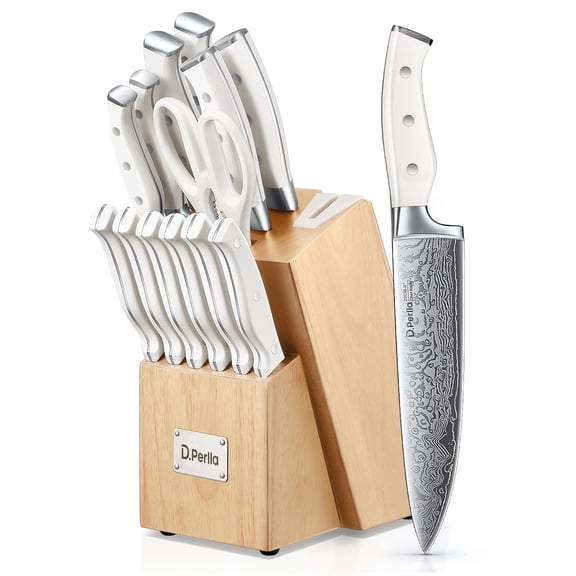 D.Perlla Knife Set, 14 Pcs German High Carbon Stainless Steel Sharp Knives Block Set with Built-in Sharpener, White