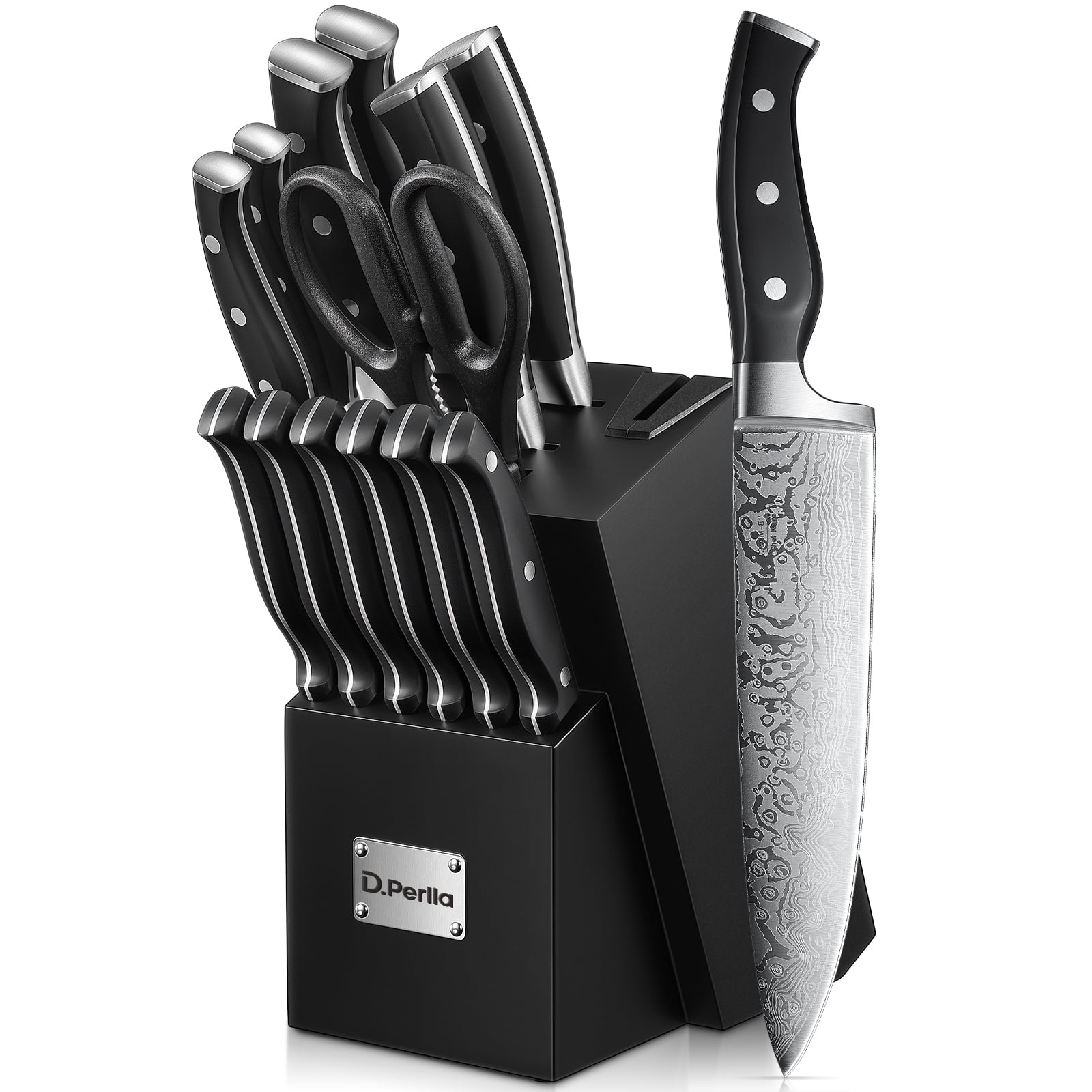 Knife Set, D.Perlla 14 Pieces Knife Block Set with Sharpener, Stainless  Steel kitchen Knives with Unique Waved Pattern, Triple Riveted Ergonomic