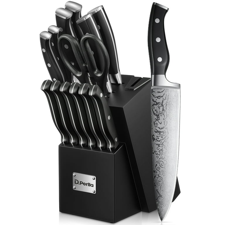 D.Perlla Knife Set, 14PCS German Stainless Steel Kitchen Knives Block Set  with Built-in Sharpener, Black 
