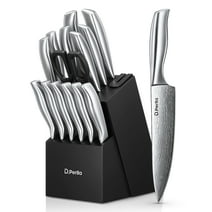 D.Perlla Knife Set , 15 Pieces Stainless Steel Hollow Handle Kitchen Cutlery Set with with Built in Knife Sharpener Block