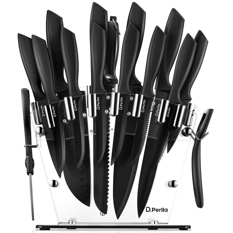 D.Perlla Knife Set, 16 PCS High Carbon Stainless Steel Kitchen Knife Set,  BO Oxidation for Anti-Rusting, Black Knife Set with Acrylic Stand and  Serrated Steak Knives 