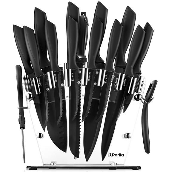 D.Perlla Knife Set, 16 PCS High Carbon Stainless Steel Kitchen Knife Set, BO Oxidation for Anti-Rusting, Black Knife Set with Acrylic Stand and Serrated Steak Knives
