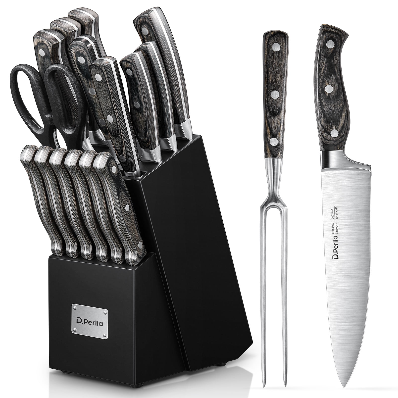  Knife Set, D.Perlla 14 Pieces Kitchen Knife Set with Built-in  Sharpener, Stainless Steel kitchen Knives with Unique Waved Pattern,  Non-slip Handle, Black: Home & Kitchen