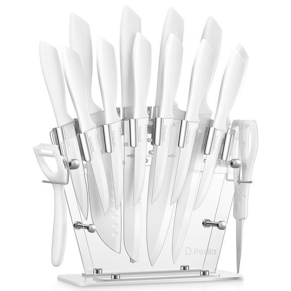 D.Perlla Knife Set 16 Pieces White Kitchen Knife Set with Acrylic Stand, High Carbon Stainless Steel, Non Stick Coated Knife Block Set, No Rust, Non Slip Handle, Sharp Knife