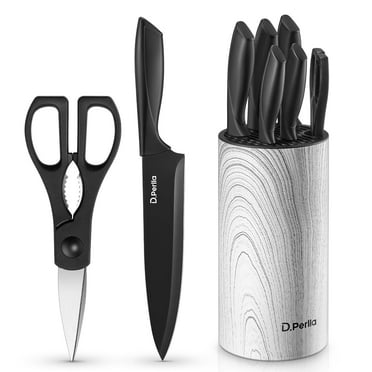 D.Perlla Knife Set, 7 Pieces Black Coating Steel Knives Set with Detachable Round Block, Scissors